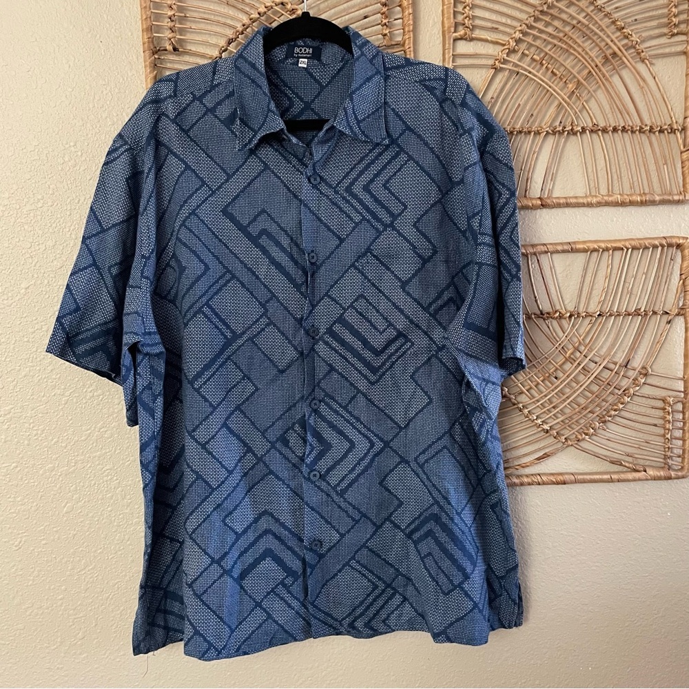 Bodhi by Kotomori Aloha Hawaiian‎ Shirt Linen Blue Artsy Art To Wear Sz 2XL B12